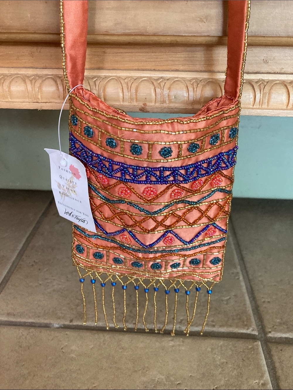 NWT Lord & Taylor Embellished orange Beaded Crossbody Bag